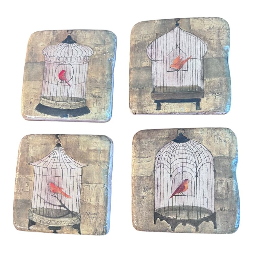 Set Of 4 Allurea Birdcage Themed Stone Coasters With Cork Backing 3.5" X 3.5"